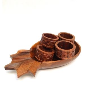 🍂4 VINTAGE HAND CARVED TEAK WOOD napkin rings 1970's INDIA